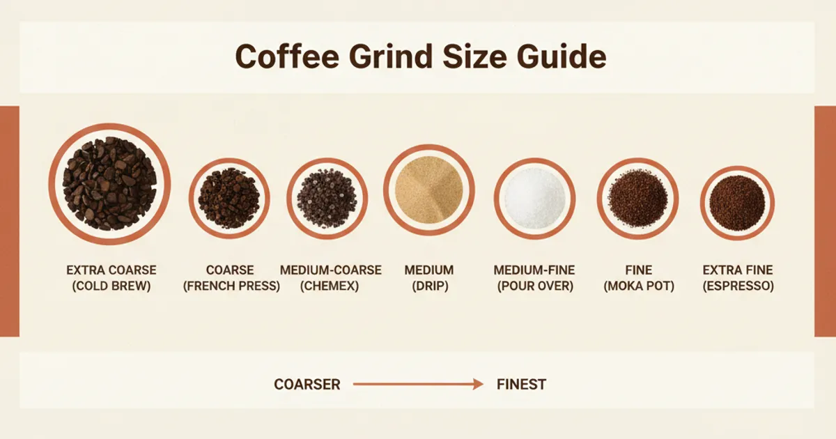 Coffee grind size guide showing particle sizes from extra coarse for cold brew to extra fine for espresso